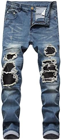 מכנסי ג'ינס רזים של גברים קרועים לגברים רזים כושר היפ הופ במצוקה מכנסי ג'ינס וינטג 'הרוס מכנסי