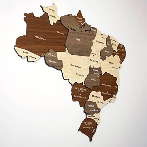 Colorfull עולמות מרובי שכבתי עץ תלת מימד מפת ברזיל, מתנה לחבר ברזילאי, עיצוב קיר עץ ברזיל, מפה למטייל