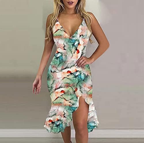שמלת קיץ לנשים מקרית רצועת ספגטי פרחוני צווארון ללא שרוולים בגד גוף לפרוע פיצול הברך אורך חוף שמלה
