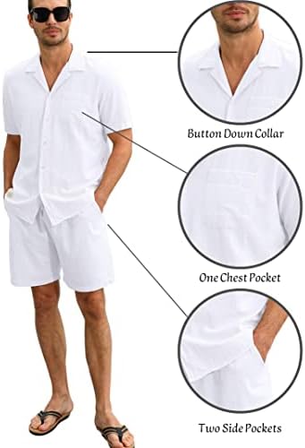 גברים טורטרנדי 2 חלקים תלבושת פשתן כפתור חוף קיץ חולצה ומכנסיים קצרים מוגדרים חליפות שרוול קצר מזדמן