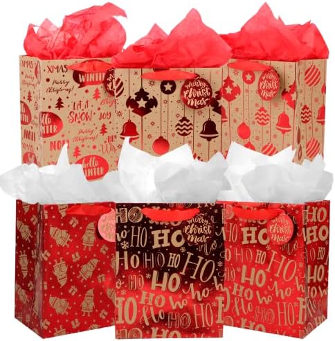 אקולה מתכתי אדום חג המולד שקיות מתנה בתפזורת עם תגים ורקמות, 12 חתיכות גדול מתנה לעטוף נייר שקיות למסיבה