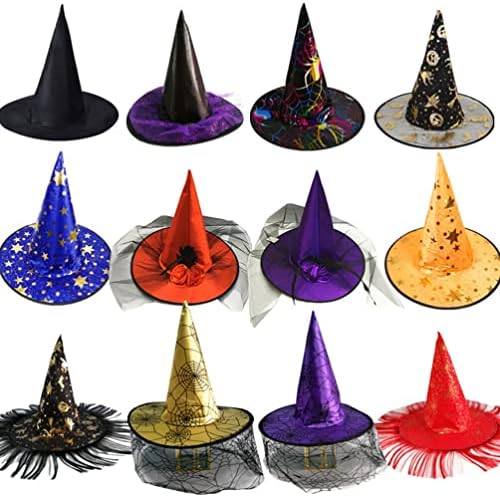 AMOSFUN HALLOWEEN מכשפה כובע קישוט רוז רשת מכשפה כובעים
