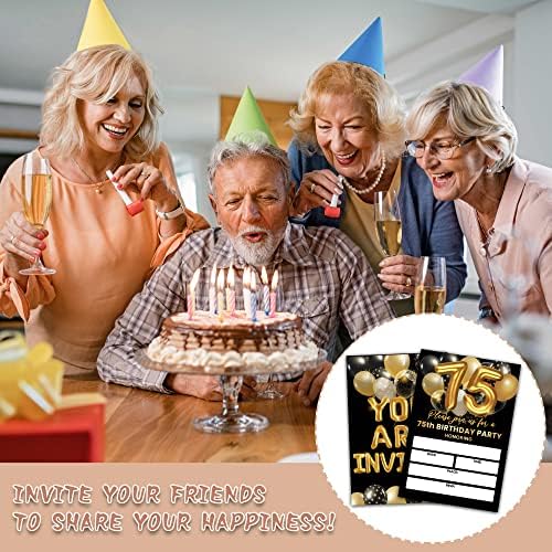 כרטיסי הזמנות למסיבת יום הולדת 75, הזמנת יום הולדת למבוגרים בשחור וזהב, הזמנת מילוי בלון זהב דו צדדי מזמין