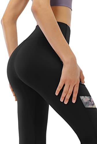מכנסי יוגה מודפסים של נשים עם נשים עם 2 כיסים, מותניים גבוהים שאינם רואים בקרת בטן 4 דרך חותלות מתיחה