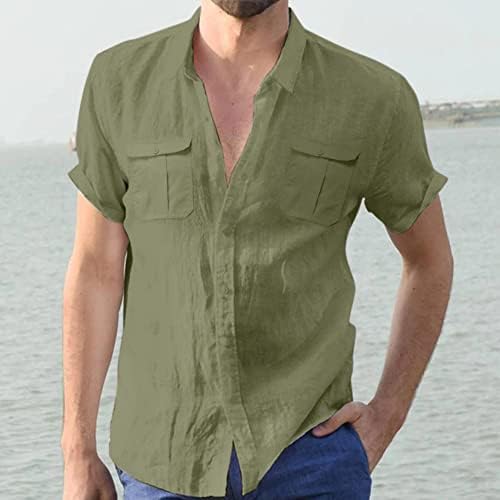 חולצות פשתן כותנה XXBR לגברים, כפתור שרוול קצר בקיץ למטה כיסים כפולים חולצה רגועה בכושר חוף רופף