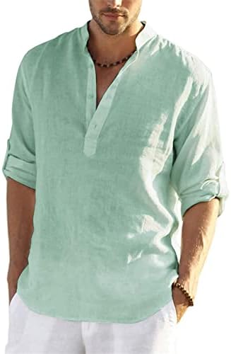 גברים של כותנה פשתן הנלי חולצה ארוך שרוול כפתור למטה חוף יוגה חולצות קיץ מוצק צבע להקת צווארון חולצה