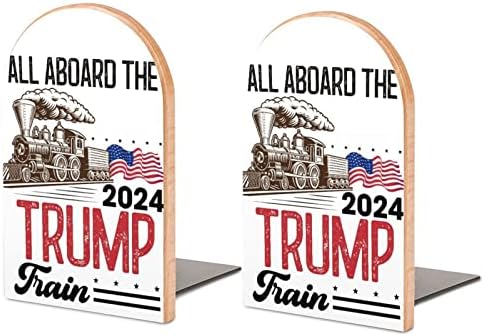 2 יחידות קצות ספרים מעץ, כולם על סיפון הרכבת טראמפ 2024 תומכי ספרים למדפים קצות ספרים ללא החלקה
