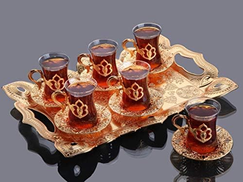 Lamodahome כוסות תה ערבית טורקית סט של 6 עם מחזיקי זהב וצלוחיות עם מגש הגשה - סט מפואר בעבודת יד, מתנה, טייט