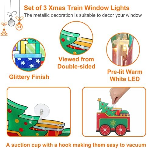 סט של 3 חג המולד חלון צללית קישוטי אור עד כפול צדדי חג המולד סנטה & מגבר; רכבת סוללה מופעל עם יניקה