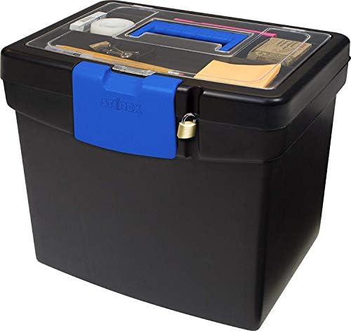 תיבת קבצים ניידת של Storex, עם מכסה אחסון אספקה ​​XL הניתן לנעילה וידית נשיאה, שחור/כחול, 4 יחידות
