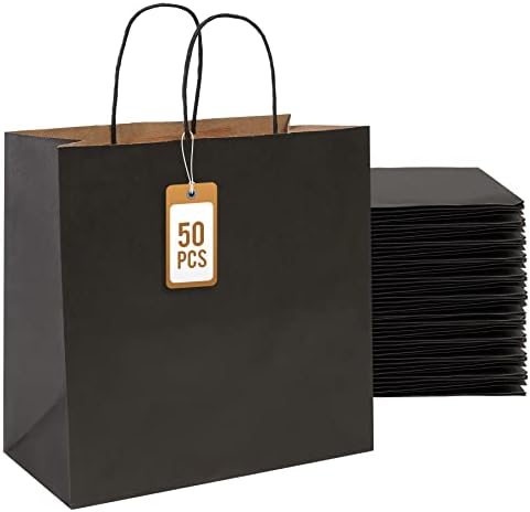 שקיות נייר שחורות של פייקוייק שקיות מתנה עם ידית 11x5.9x11 50 יחידות מסיבה לטובת קניות לחתונה, אפיית