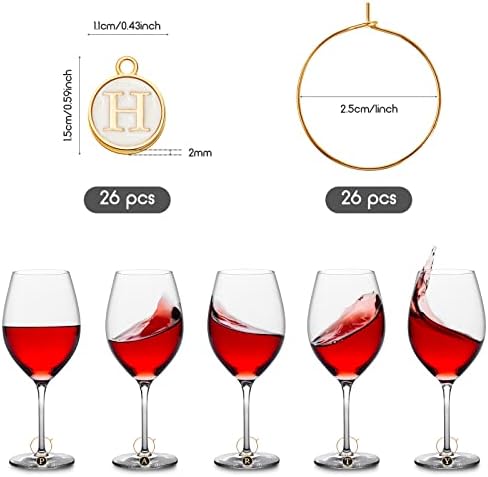 26 חתיכות יין קסמי עבור גזע משקפיים עם טבעות תגיות מתכת אותיות זכוכית קסם סמני אותיות חרוזים סמני עבור יין קוקטייל