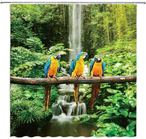 DVIKVMO תוכים טרופיים וילון מקלחת, ציפורים צבעוניות בג'ונגל ירוק על הענף יער גשם מפל בעלי חיים אביב