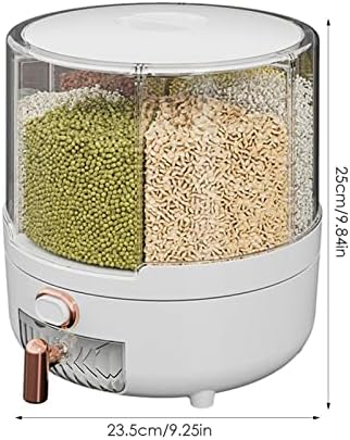 מתקן אורז / מתקן מזון שקוף 360 מעלות מסתובב-מכסה נשלף עם 6 תאים, מיכל אחסון דגנים אטום למשטחים,