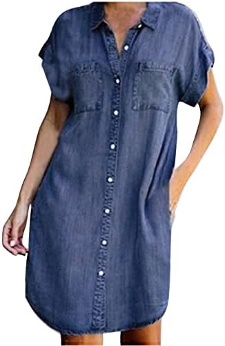 קיץ ג 'ינס שמלה לנשים מקרית קצר שרוול צווארון טוניקת למעלה שמלת כפתור למטה ז' אן חולצה שמלות בייבידול קומפי
