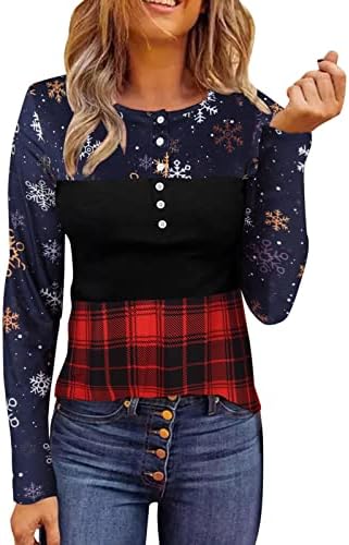 נשים חג המולד משובץ מודפס אופנתי עגול צוואר כפתור ארוך שרוול חולצה חולצות נקבה חולצה