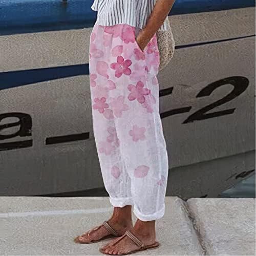 GRGE BEUU מותניים אלסטיים אלסטיים מכנסיים מחודדים עם כיס מכנסי טרנינג מדפסים פרחים בכיס מכנסי פשתן