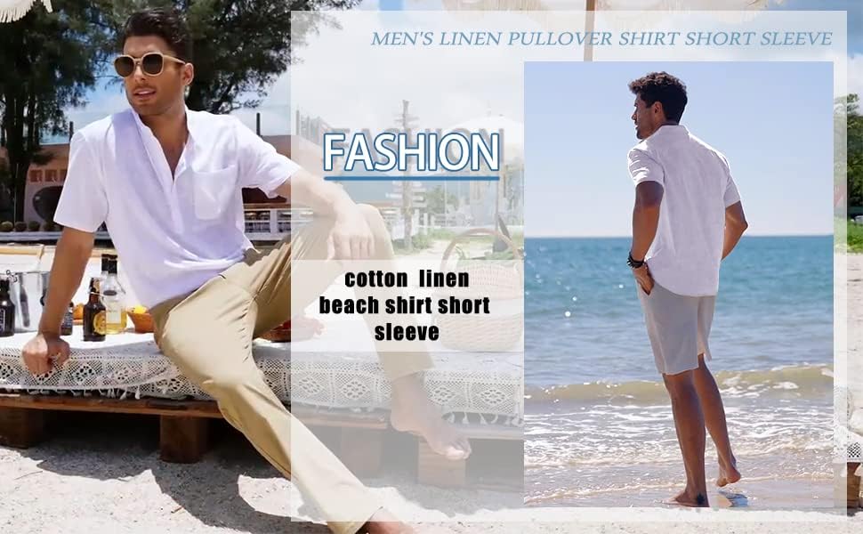 Jinlvyi כותנה גברים פשתן הנלי חולצות שרוול קצר היפי קיץ קיץ חוף חוף טריקו להקת צווארון