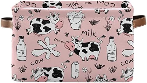 Alaza פרות ורודות סל אחסון חלב למדפים לארגון צעצוע משתלת מדף ארונות, מארגן אחסון מתקפל בד פחי סלים