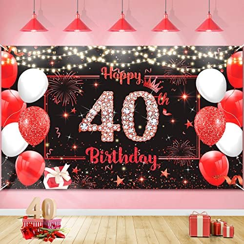אדום שמח 40 יום הולדת באנר קישוטים לנשים גברים גדול אדום שחור גליטר 40 יום הולדת רקע 40 שנים