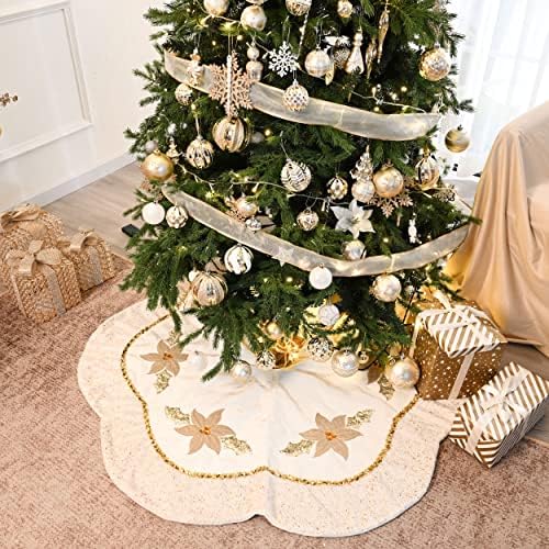 Valery Madelyn לבן זהב לבן חבילה לקישוט חג המולד 24CT קישוטים לכדור חג המולד + חצאית עץ חג המולד בגודל 48 אינץ