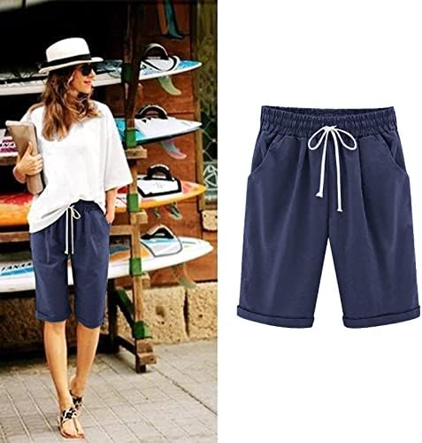 מכנסי פשתן כותנה של CKXZUI לנשים מכנסיים קצרים באורך ברך בברך קיץ פלוס מכנסי אימון מותניים אלסטיים עם כיסים