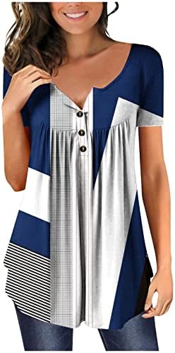צמרות אלגנטיות לנשים הדפסה גיאומטרית טוניקה טוניקה טוניקה שרוול קצר חולצות הנלי מזדמנים בחולצות
