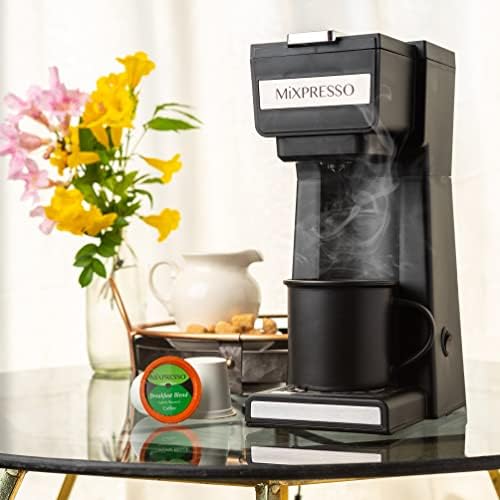 מכונת קפה Mixpresso הגשה יחידה לקפה טחון ותואמת תרמילי כוס K, עם ספל נסיעות 14oz ופילטר לשימוש חוזר