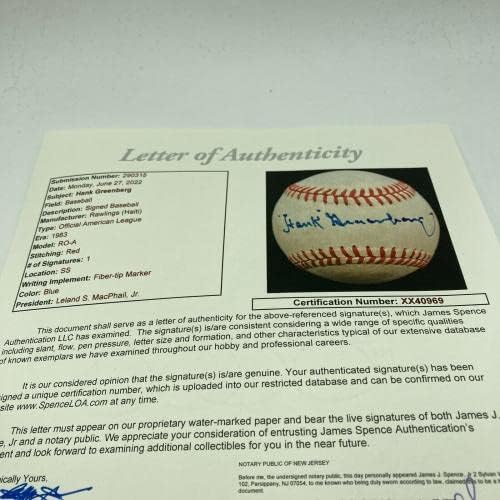האנק גרינברג היפה החתום על ליגה אמריקאית בייסבול בייסבול JSA COA - כדורי חתימה