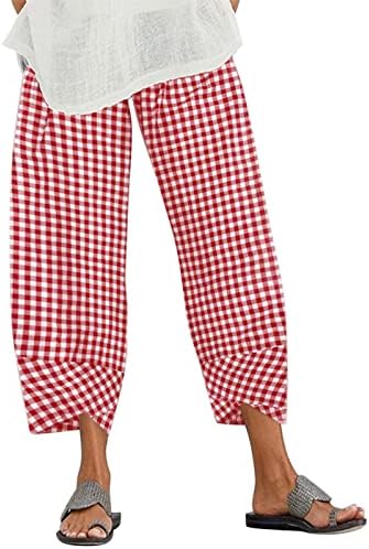 KCJGIKPOK Ladies Capri מכנסיים, מותניים אלסטיים רחבות רגליים רופפות פשתן קפריס עם מכנסי נסיעות בכיסים