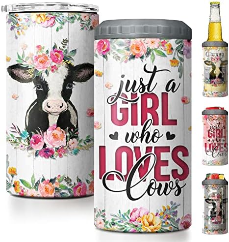 פרחי כוס פרה של סנדג'סט ילדה אוהבת פרות 4 ב -1 16oz כוס יכול לקיר יותר קוזי סקיני נירוסטה מתנה