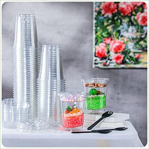 Willbond 100 סטים 12 oz כוסות פרפיית פלסטיק ברורות עם מכסים שטוחים הכנס יוגורט כוסות פרפיית פרי
