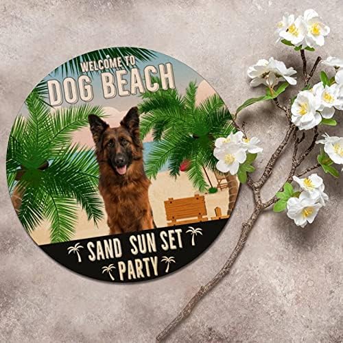 כלב עגול מצחיק שלט פח ברוך הבא לכלב חוף חוף שקיעה מסיבת שקיעה חלודה שלט חלוד שלט דלת כלב מחמד שלט קול קולב