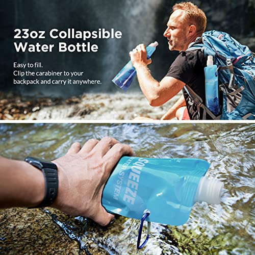 פתרונות ממברנה 23oz בקבוק מים מתקפל לקש של פילטר מים, שקית מים לשימוש חוזר עם קרבינר ומדידה, שקית מיכל מים