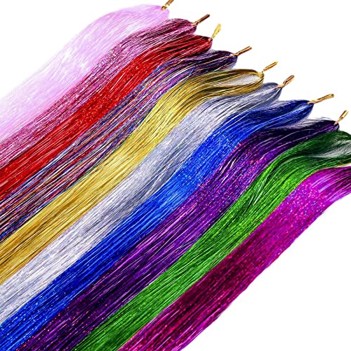 47 סנטימטרים שיער טינסל ערכת עם כלים, 10 צבעים 2000 גדילים גליטר פיות שיער טינסל הרחבות חום עמיד נוצץ מבריק טינסל