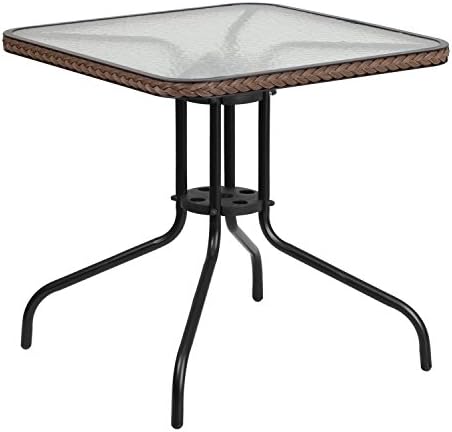 ריהוט פלאש Barker 28 '' שולחן מתכת זכוכית מחוסמת מרובעת עם שולי ראטאן חומים כהים