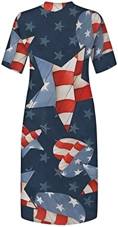 איאסו עצמאות יום נשים קצר שרוול אמריקאי דגל גרפי הדפסת שמלת כושר רופף בתוספת גודל הברך כיס שמלה זורמת