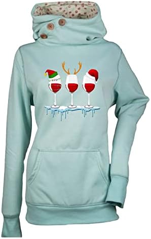 נשים הסווטשרט יין זכוכית סתיו וחורף ארוך שרוול כותנה סלעית חולצה חם כיס חג המולד מזדמן סווטשירט
