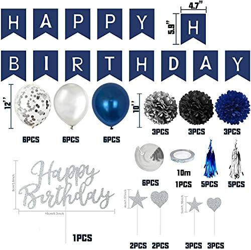 Movinpe Navy Navy Blue Kinking Balloon Man Balloon, כולל. יום הולדת שמח באנר כחול כסף קונפטי בלוני נייר פום