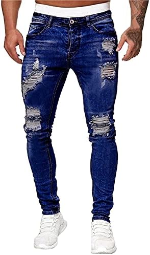 ג'ינס Ubst לגברים, חור נקרע במצוקה, Slim Fit Street Frayed Skined Skinny Penchil Center מכנסיים מכנסיים
