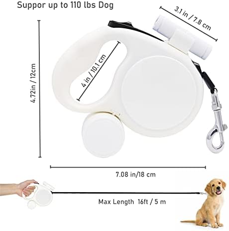 רצועת כלבים נשלפת של אזובה כבדה רצועה 16ft עם פנס LED הניתן לניתוק ומתקן שקיות קקי, רצועה עם רפלקטור