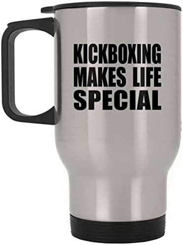 Designsify Kickboxing הופך את החיים למיוחדים, ספל נסיעות כסף 14oz, כוס מבודד מפלדת אל חלד, מתנות ליום הולדת יום