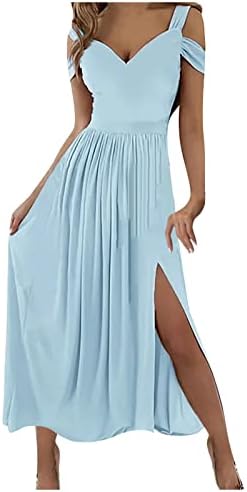 שמלות לנשים 2023 קיץ מקרית צווארון ספגטי רצועה ללא שרוולים סקסי פיצול ארוך מקסי שמלה בוהו חוף שמלת קיץ