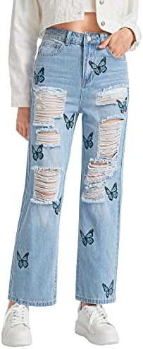 הדפסת פרפר גרפית של הילדה וודיררה ג 'ינס קרוע רגל ישרה מכנסיים ז' אן במצוקה כביסה מוצקה 140