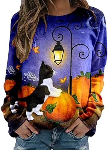 חולצות ליל כל הקדושים של Beuu לנשים עגול צוואר עגול דלעת ארוכה ומדפיס חתולים סווטשירטים סווטשירטים