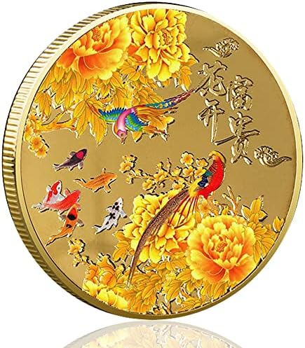 1.57-אינץ זהב מצופה מזל מטבע עם שקוף מגן מקרה, שמציעה אדמונית פריחה, קוי דגים, צבעוני ציפורים, ומשמח