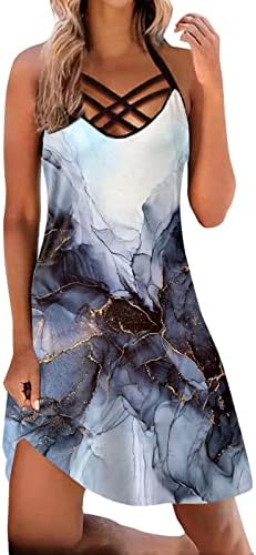 קיץ נשים של בוהו שמלות חמוד הלטר כריס שרוולים עניבה לצבוע שיש הדפסת טנק שמלת רופף מזדמן חוף שמלה קיצית