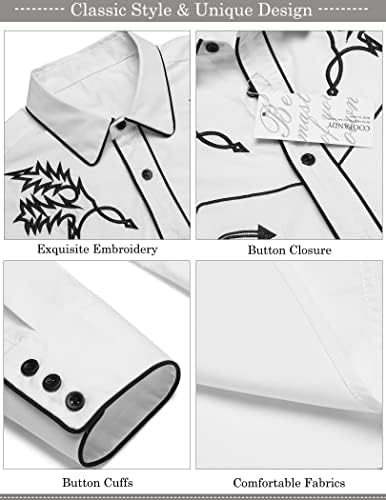 חולצת קאובוי מערבית של קואופנדי גברים רקומה שרוול ארוך כותנה כותנה כפתור מטה