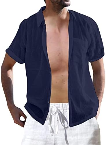 ZDDO כותנה פשתן כפתור מזדמן כפתור למטה חולצות לגברים, צווארון קיץ צווארון רגוע בכושר שרוול קצר