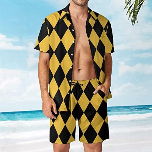 WeedKeycat שחור לבן יהלום תלבושות חוף גברים 2 חלקים כפתור הוואי מטה חולצה קצרה שרוול ומכנסיים קצרים תא מטען